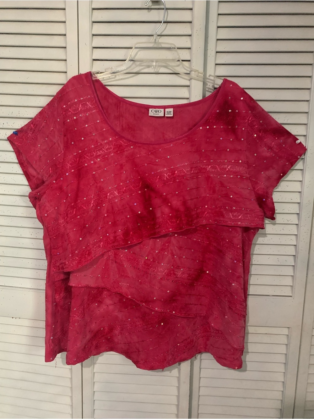 Cato Hot Pink Layered Sequin & Embroidery Short Sleeve Tiered Front Top
